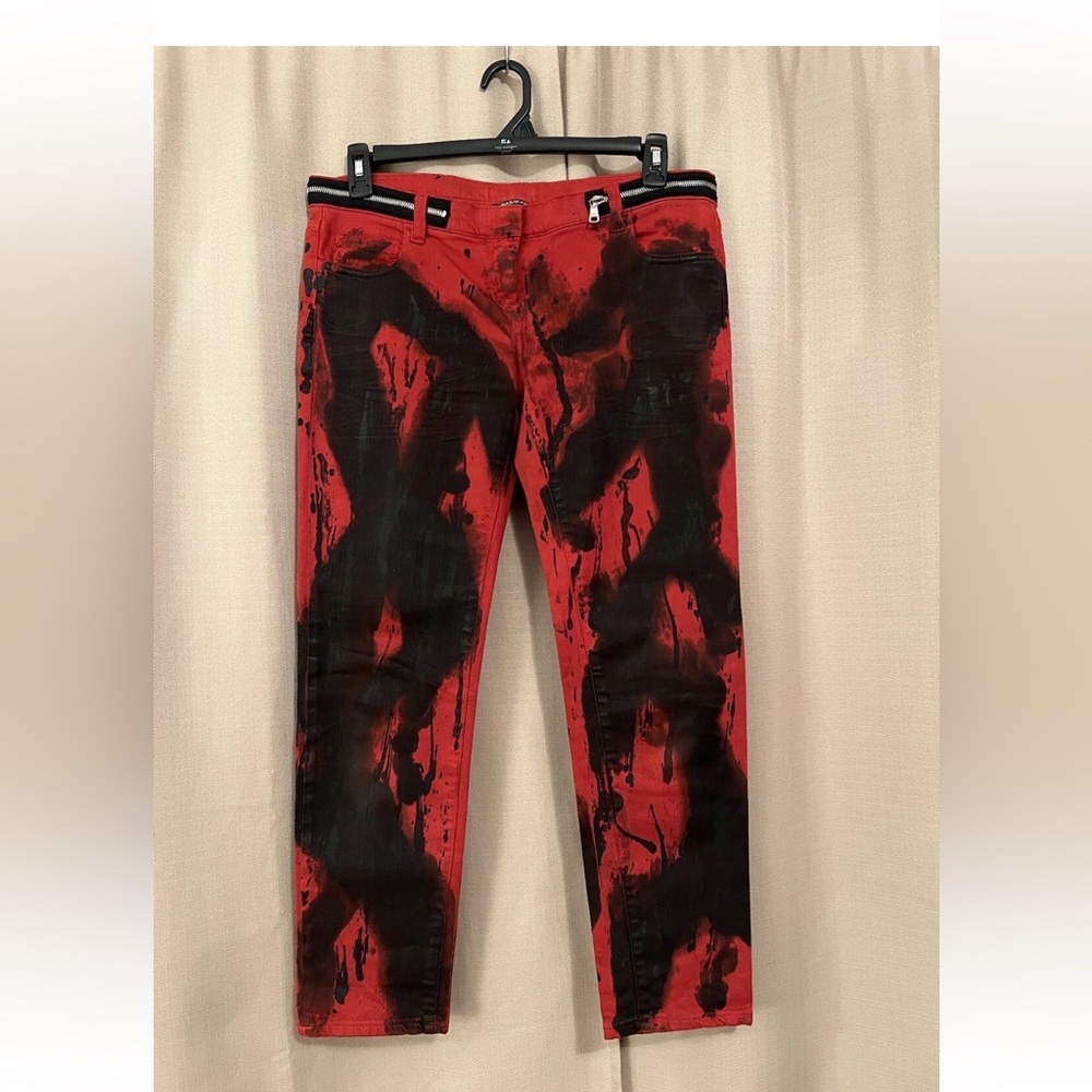 Balmain Woman Red and Black Abstract Paint Splatter Jeans